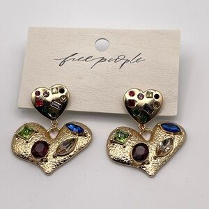 Free People My Everything Gold Heart Dangle Earrings Multi Gemstone Mix Boho NWT